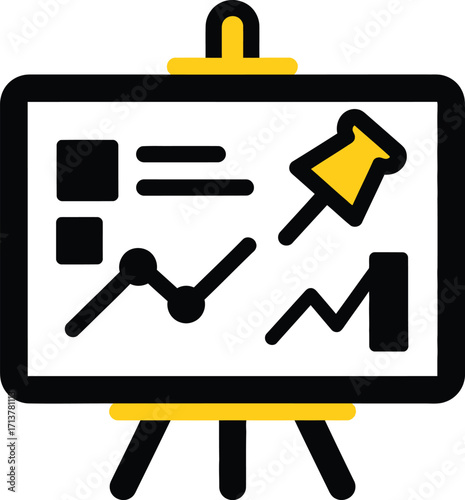 Presentation board with charts and graphs and a pushpin