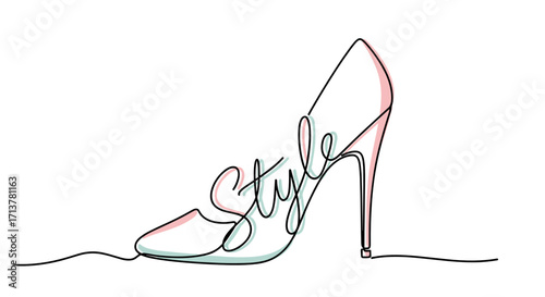 Elegant high-heeled shoe design with "Style" text in minimalist line art, chic aesthetic, copy space