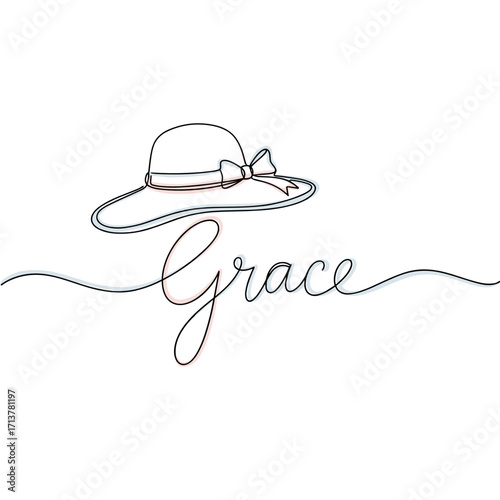 Stylish hat design with "Grace" text in elegant line art, refined aesthetic, copy space