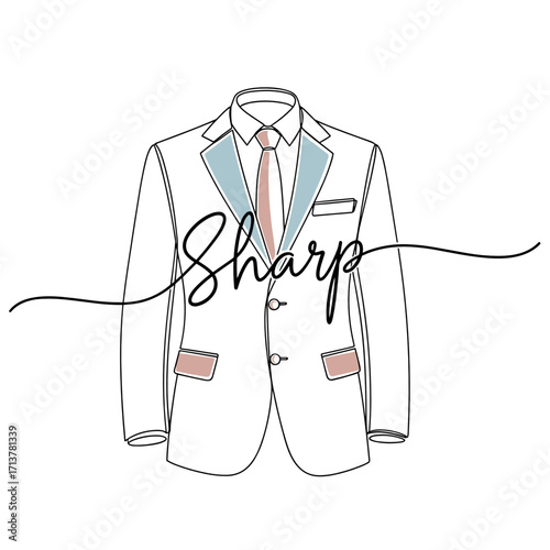Sharp suit illustration with "sharp" lettering in minimal style and copy space
