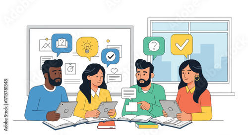 Group of diverse professionals working together on laptops and papers, symbolizing teamwork, collaboration, and modern business culture.
