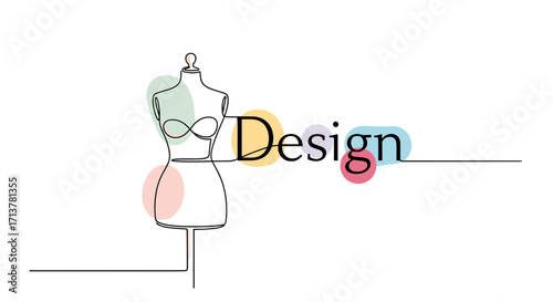 Fashion design mannequin illustration with "design" lettering in minimal style and copy space