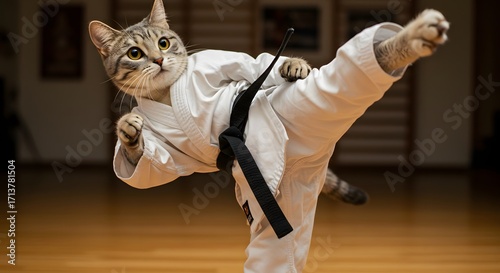 Cat in Karate Gi Performing High Kick in Martial Arts Dojo