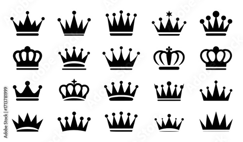 Collection of Black Silhouette Crown Icons on White Background