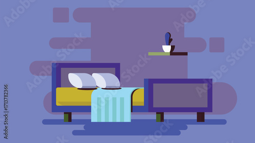 A cozy bedroom with a bed set up for the night. The room is dimly lit, featuring soft lighting, a calm and peaceful atmosphere perfect for rest. The furniture and decor