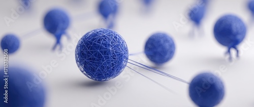 Blue spheres, intricately woven, interconnected by thin threads, miniature figures manipulate them on a white background, suggesting a network or interconnected system