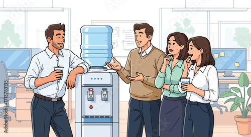 Illustration of office workers standing and talking near a water cooler, representing casual business interaction, teamwork, and social workplace culture.