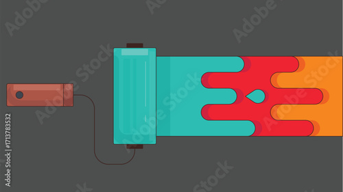 A stylized illustration of a wall paint brush with vibrant colors, painting a wall. The brush, dipped in colorful paint