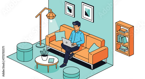 Man working remotely on laptop while sitting on sofa at home, representing freelance lifestyle, productivity, and modern digital work culture.
