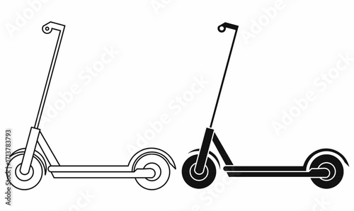 Electric scooter vector icon set, black and white silhouette and outline design with handlebar, deck, and motorized wheels. Symbol for eco transport, urban mobility, commuting.