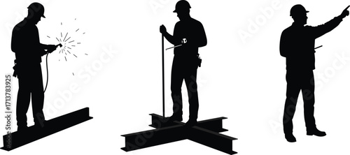 Steelwork Construction Silhouettes – Workers Welding, Measuring Beams, and Supervising on Structural Job Site