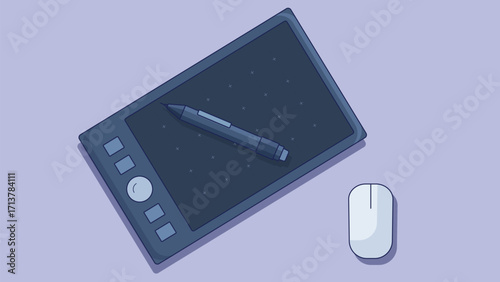 Top view flat illustration of a digital painting tablet with a pen and mouse, designed for creative work and graphic design