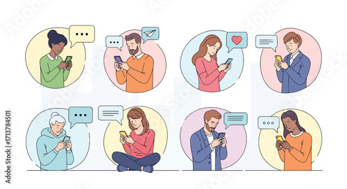 People chatting online in mobile apps with conversation bubbles, symbolizing communication, social interaction, and modern digital networking lifestyle.