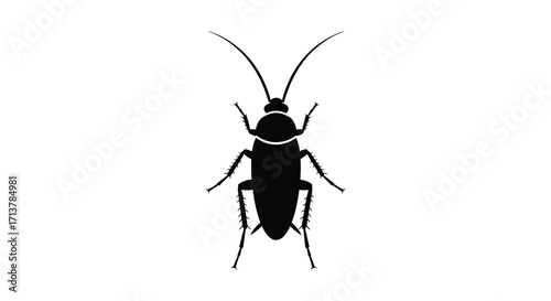A simple black silhouette of an insect resembling a cricket or grasshopper