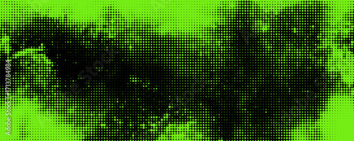 Abstract neon green colored background with halftone effect. Brush drawn scratches splatter grunge distressed background. Grainy bold brush strokes texture with small dots.Urban punk vector background