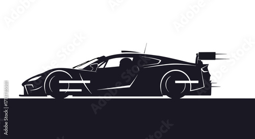 Silhouette of modern race car in black background, symbolizing motorsport, speed, and performance design.