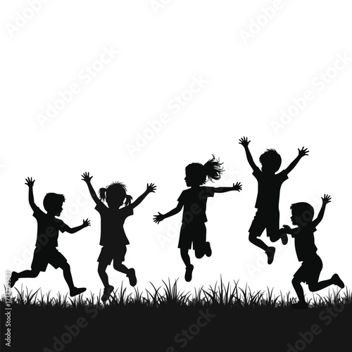 Five children silhouettes jumping in grass kids playing
