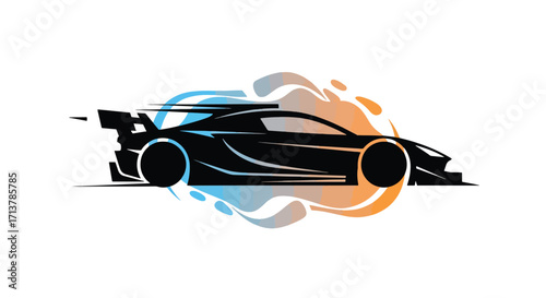 Stylized silhouette of race car with colorful energy trails, symbolizing speed, creativity, and motorsport innovation.