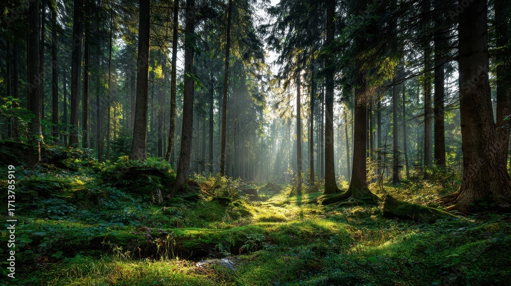 Obraz premium Ethereal Sunbeams Pierce the Misty Canopy of a Lush, Ancient Forest.