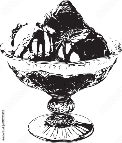 Ice Cream Delight in Glass Bowl: A delightful close-up shows a scoop of ice cream in a decorative glass bowl, dripping with rich chocolate sauce, presenting a tempting dessert.