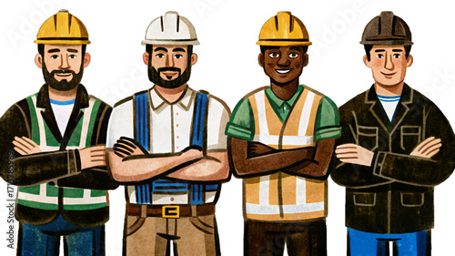 Set vector of male builder illustration. Man in safety gear with hard hat and vest confidently posing with crossed arms, symbolizing construction, strength, and professionalism.