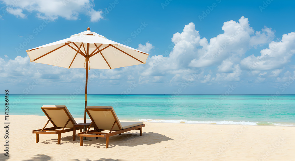 Fototapeta premium Sandy Beach Scene with Two Beige Loungers and Large Umbrella Under a Partly Cloudy Blue Sky