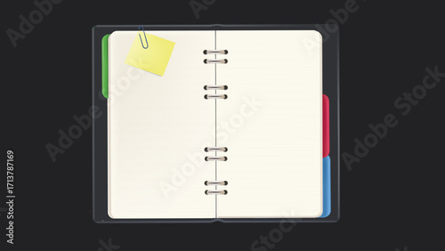 Open notebook featuring multiple colorful bookmarks placed between pages, representing organization, note taking, studying