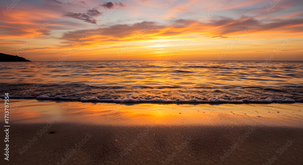 Obraz premium Scenic Beach Sunset with Golden Horizon and Reflective Water on Tranquil Sandy Shore