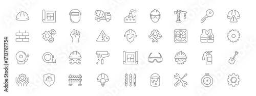 Engineering outline icon set. Vector industry and technology symbols. Isolated icons for business, mechanical, architecture, and technical design projects. Vector illustration.