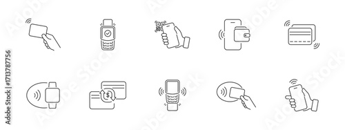 Nfc wireless payment icon set. Fintech apps, online shopping, banking platforms, and financial technology projects symbols. Icons for web, mobile, and UI/UX interfaces. Vector illustration.