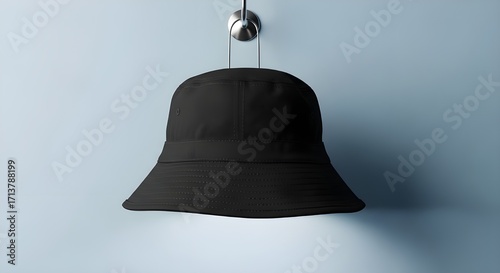 bucket hat mockup black color white  hanging on a hook against a plain blue background