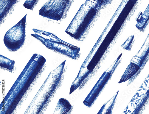 Ink Drawing Artistic Tools Background Pattern with Brushes Pencils and Other Supplies in Blue Monochrome