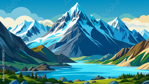 Mount Cook in New Zealand, tallest peak of the Southern Alps, snow-covered sharp ridges with turquoise glacial lakes below
