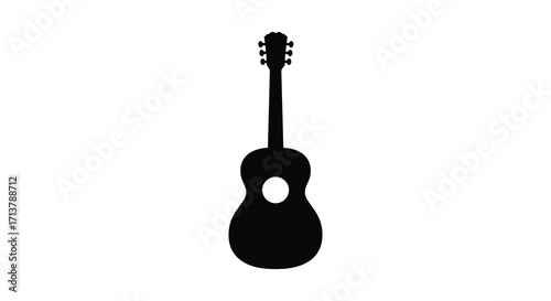 A simple black silhouette of an acoustic guitar on a white background