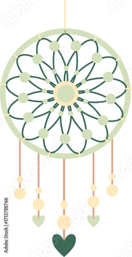 Pastel Green and Beige Dreamcatcher with Beaded Accents and Heart Charms
