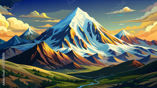 Mount Elbrus, the highest peak in Europe, snow-covered volcanic dome with twin summits, surrounded by dramatic Caucasus mountains