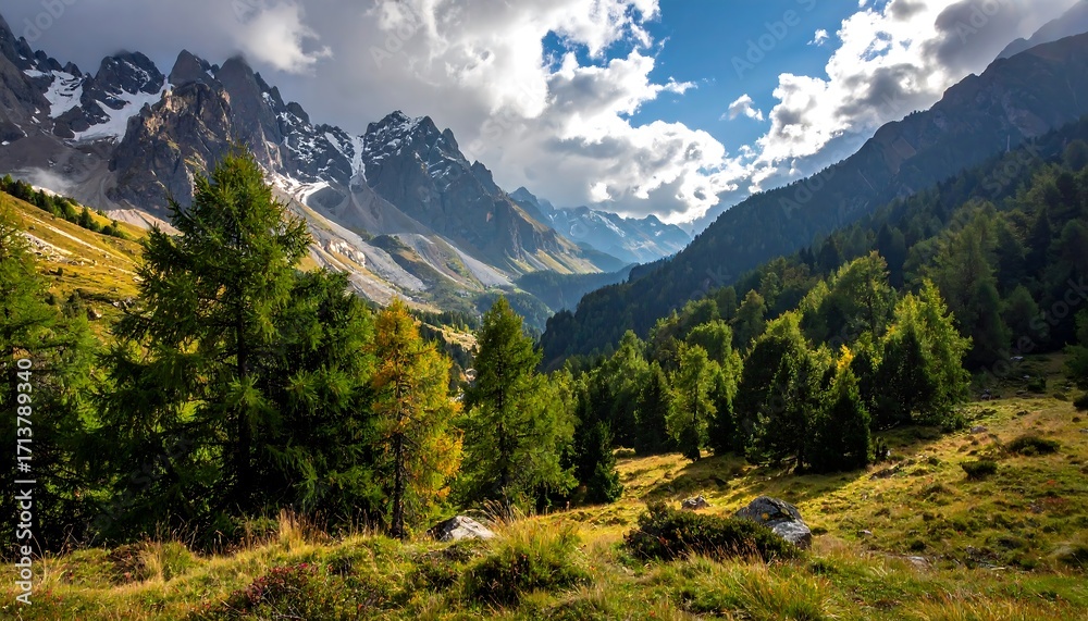Fototapeta premium A tranquil mountain valley scene showcases a lush forest nestled between towering peaks, bathed in warm sunlight.