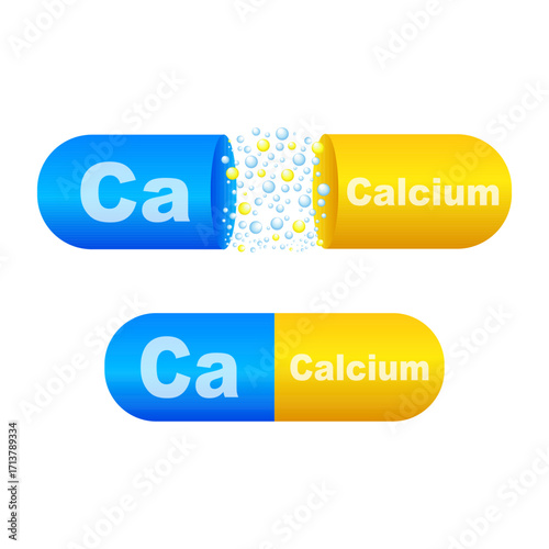 Calcium capsule a modern vitamin pill with bubbles. Vector illustration