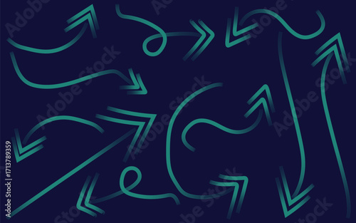 Teal directional arrows on a dark blue background indicate movement and flow