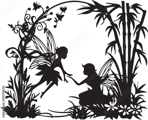 Fairy Silhouette in Enchanted Garden: An ethereal silhouette captures a whimsical scene, where two fairies meet, amidst delicate flowers, butterflies, and a dreamy bamboo forest.