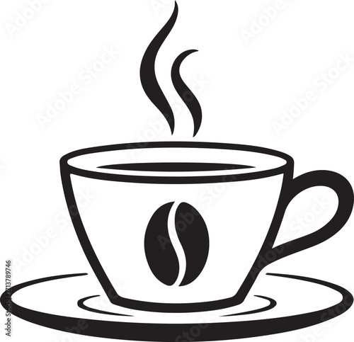 Graphic Hot Coffee Cup with Rising Steam and Coffee Bean Design on Saucer