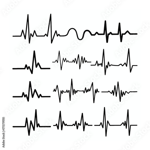 Collection of Diverse Electrocardiogram (ECG) Heartbeat Line Art
