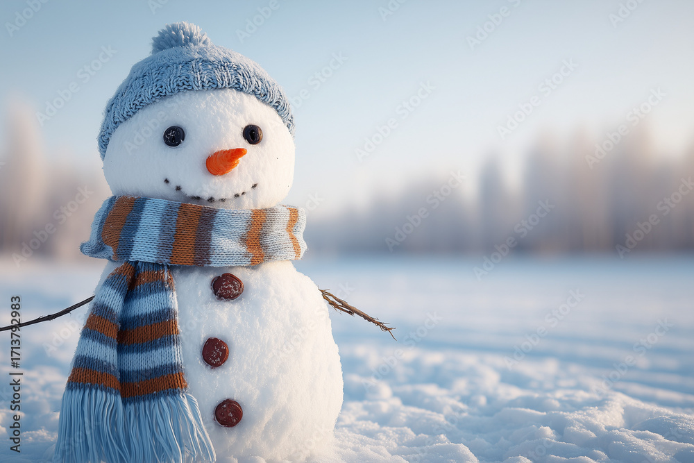Obraz premium Snowman with hat and scarf smiling in snowy field.