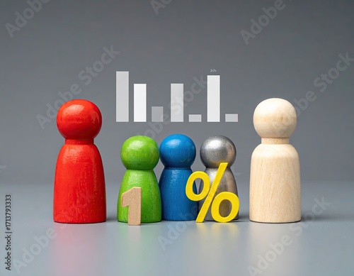 Statistical representation with colorful wooden figures, number one, percent sign, and bar graph