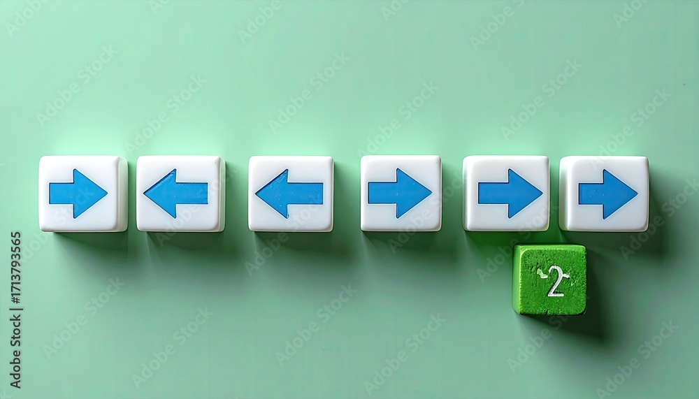 Obraz premium Decision-Making Concept: Blue Arrows and Green Number Two Cube on Mint Background