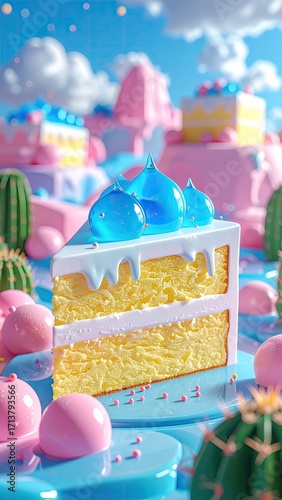 Delicious Cake Slice with Blue Icing, Pastel Setting