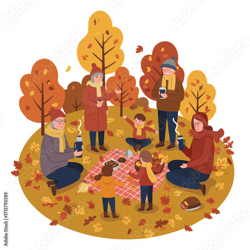 Vibrant 2D vector illustration of a multi-generational family enjoying an autumn park picnic, children playing in leaves, adults with hot drinks, wearing warm, layered clothing.