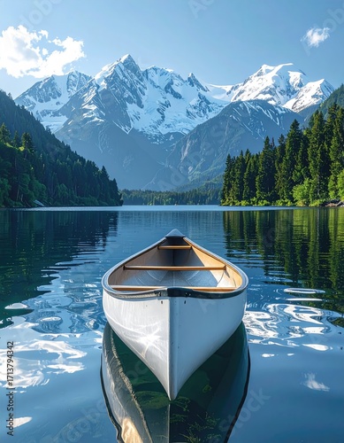 White Canoe on Serene Mountain Lake Reflecting Snow-Capped Peaks and Lush Green Forests