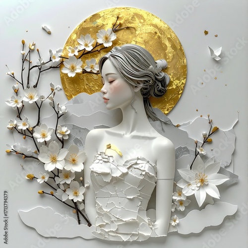 Elegant Woman with Blossoms and Gold Moon, 3D Art