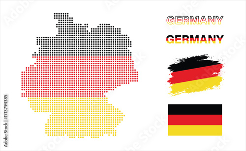 Germany flag vector set, halftone Germany map with german colors, brush stroke grunge flag, national symbol design collection